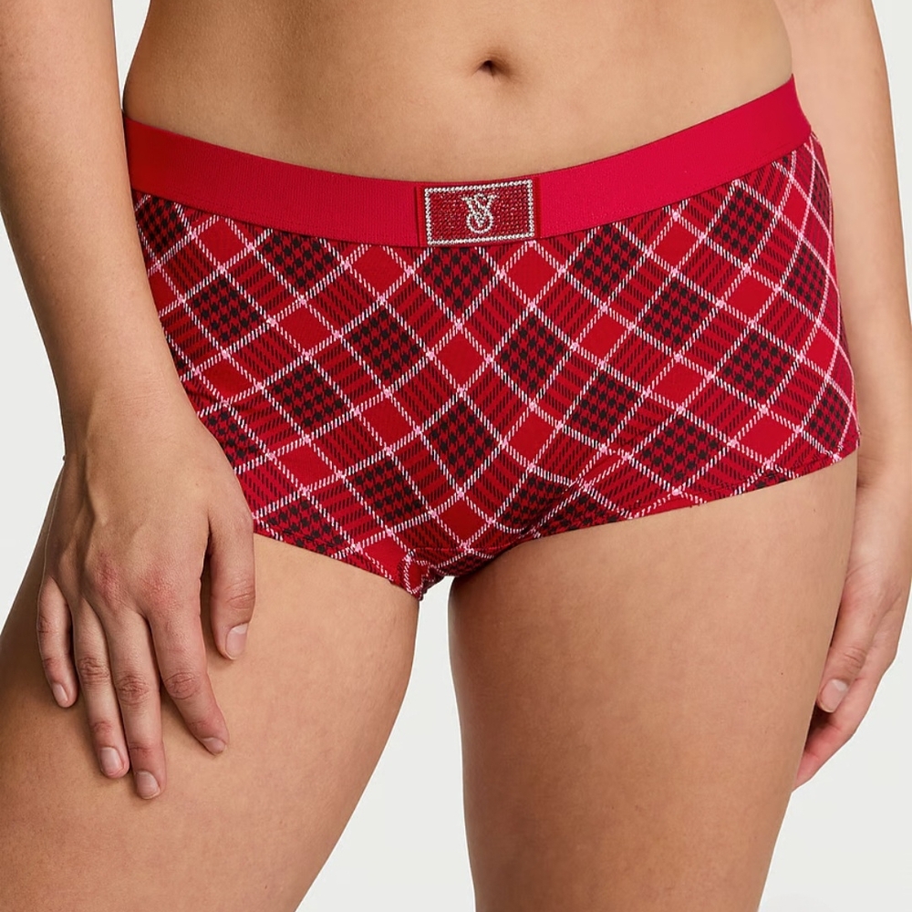 Victoria's Secret Rhinestone Shine Patch Red Plaid Boyshorts